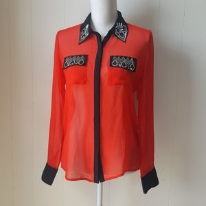 BKE Boutique Sheer Red Beaded Button Down Shirt